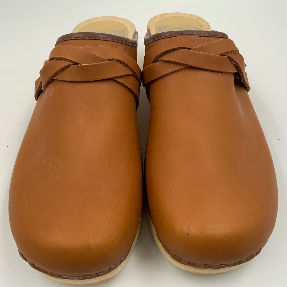 Sven Swedish Clogs Women 43 Cognac Leather Braided Strap Wooden Mule Sandals